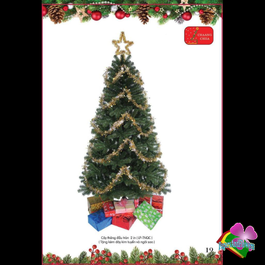 Cây thông đầu tròn 2 in màu xanh- 90cm (Tặng phụ kiện trang trí)
