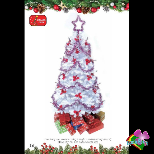 Cây thông đầu tròn 2 in màu trắng gắn trái đỏ - 90cm (Tặng phụ kiện trang trí)
